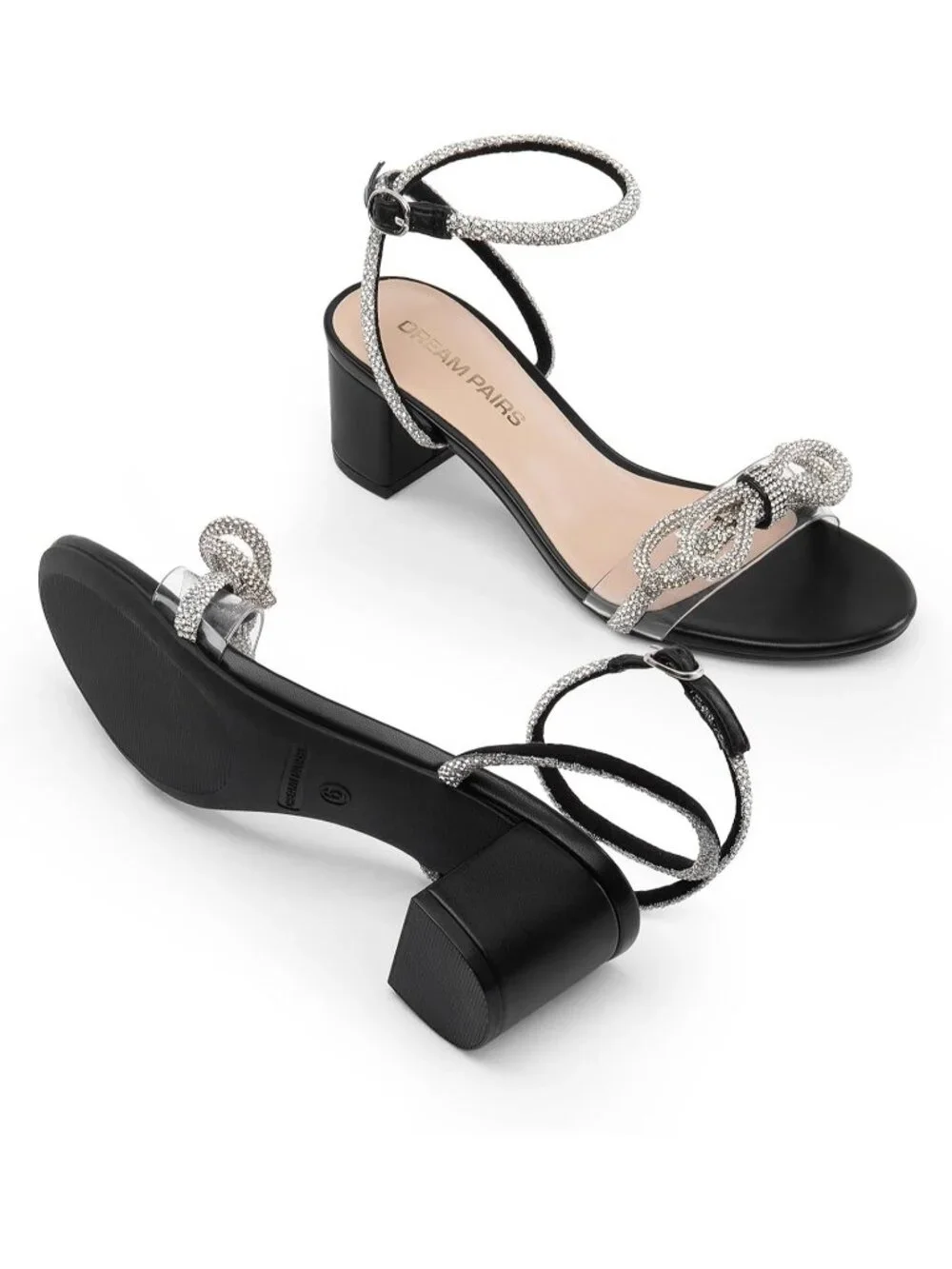 Dream Pairs Women's Black Open Toe Rhinestone Double Bow Chunky Sandals